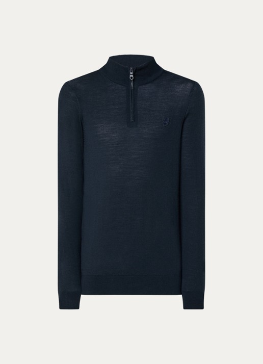 Lyle & Scott Tonal fijngebreide pullover van wol met halve rits - voorkant donkerblauw