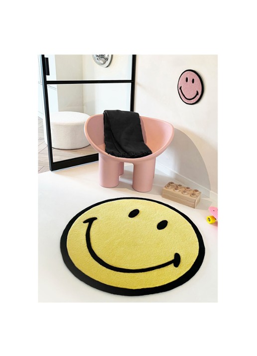 Maison Deux Smiley vloerkleed Ø100 cm - voorkant 2 neongeel