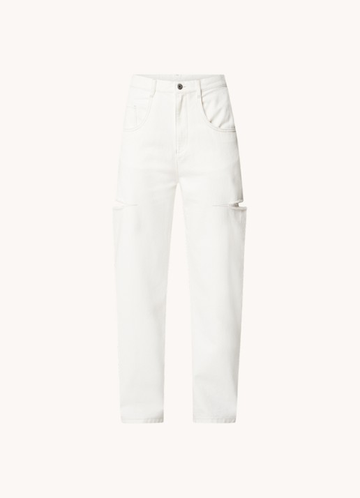 Maison Margiela High waist wide leg jeans met ripped details - voorkant gebroken wit