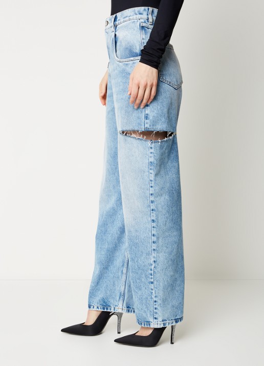 Maison Margiela High waist wide leg jeans met ripped details - detail 4 indigo