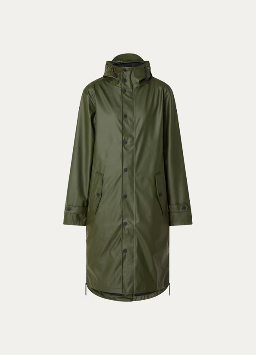 Maium Longline unisex regenjas met capuchon  - voorkant legergroen