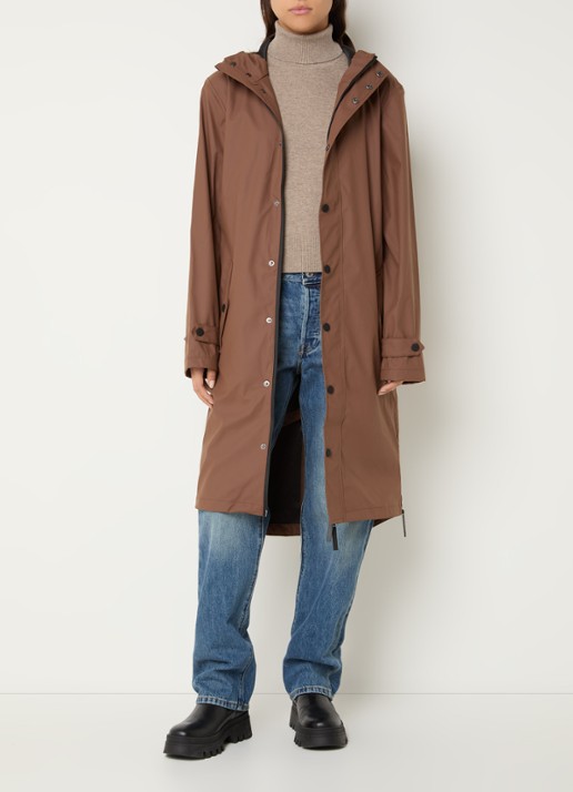 Maium Longline unisex regenjas met capuchon  - voorkant 2 hazelnootbruin