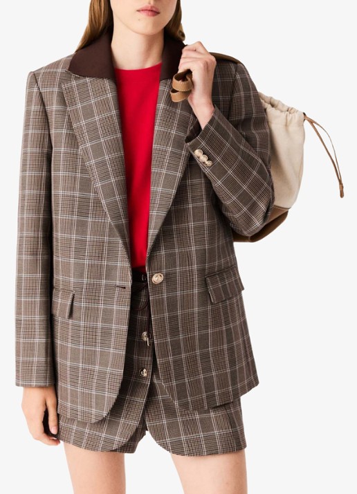 Maje Blazer in scheerwolblend met ruitdessin en klepzakken - detail bruin