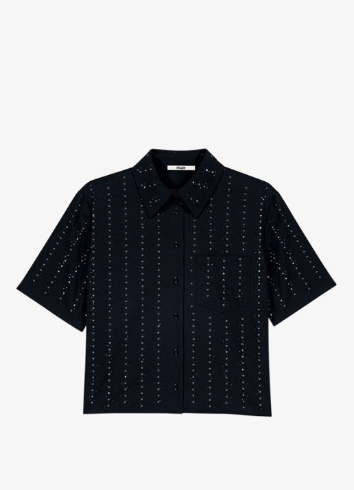 Maje Blouse met strass en borstzak - voorkant 2 donkerblauw