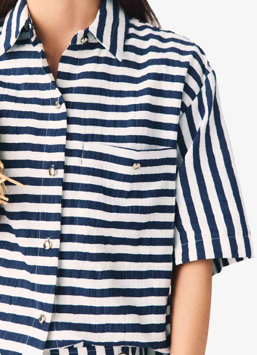 Maje Calais blouse met streepprint - detail 5 donkerblauw