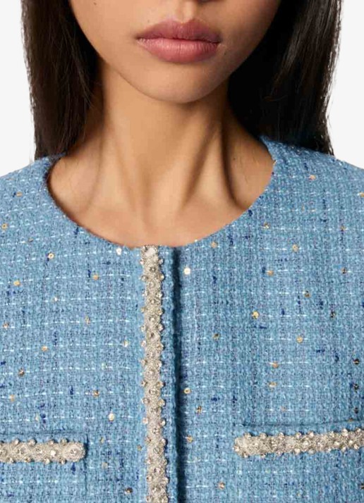 Maje Cropped blazer met tweed-look en pailletten - detail 6 blauw