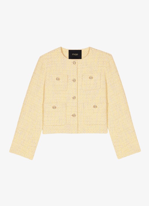 Maje Cropped blazer van bouclé - voorkant 2 lichtgeel