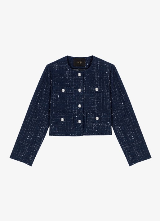 Maje Cropped jack met opgestikte zakken en strass - voorkant blauw