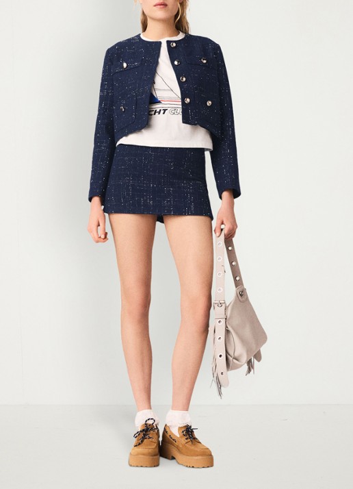 Maje Cropped jack met opgestikte zakken en strass - voorkant 2 blauw