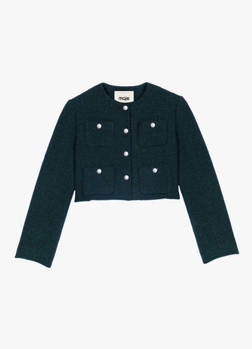 Maje Cropped jack met tweed-look - voorkant 6 groen