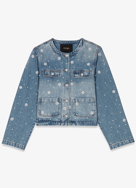 Maje Cropped spijkerjas met borduring - voorkant indigo
