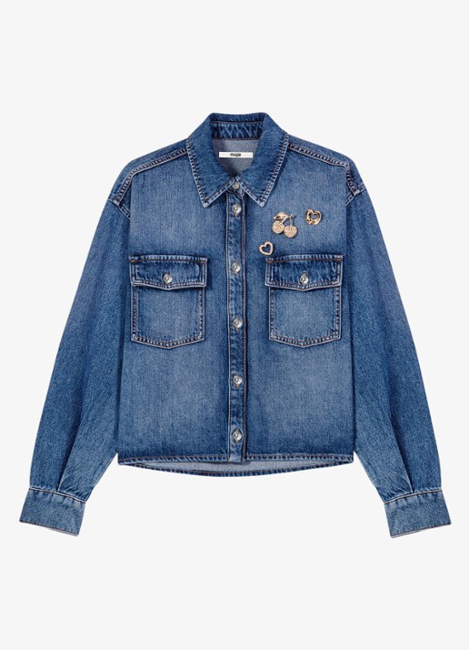 Maje Denim overshirt met sierlijke pins - voorkant donkerblauw