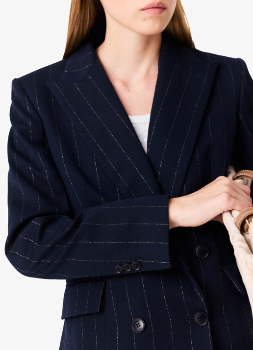 Maje Double-breasted blazer in wolblend met krijtstreep - detail 4 donkerblauw