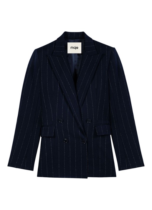 Maje Double-breasted blazer in wolblend met krijtstreep - voorkant 7 donkerblauw