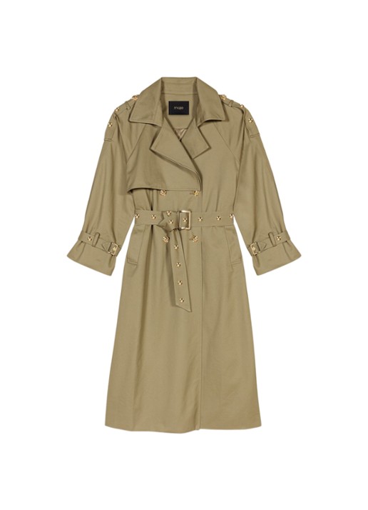 Maje Double-breasted trenchcoat met ceintuur - voorkant 2 khaki