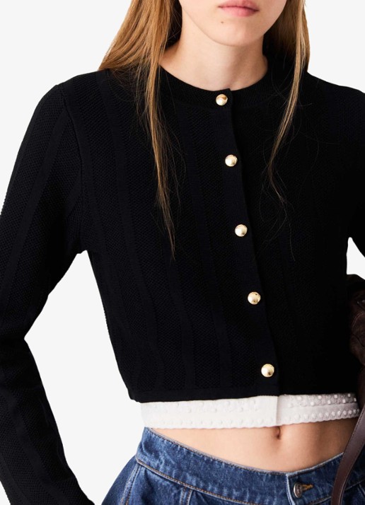 Maje Fijngebreid cropped vest met ronde hals - detail 6 zwart