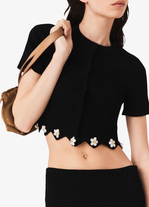 Maje Fijngebreid cropped vest met sierknopen - detail 4 jeans