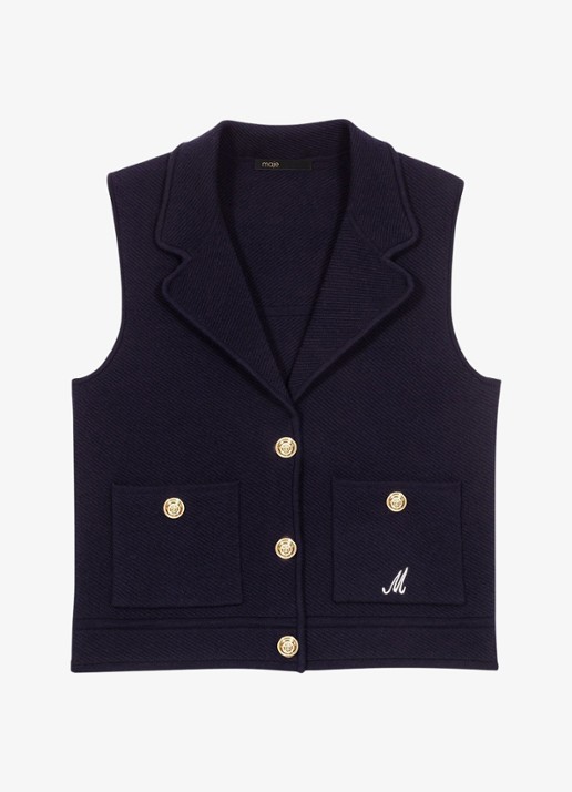Maje Fijngebreid gilet in wolblend met kraag - voorkant 6 donkerblauw