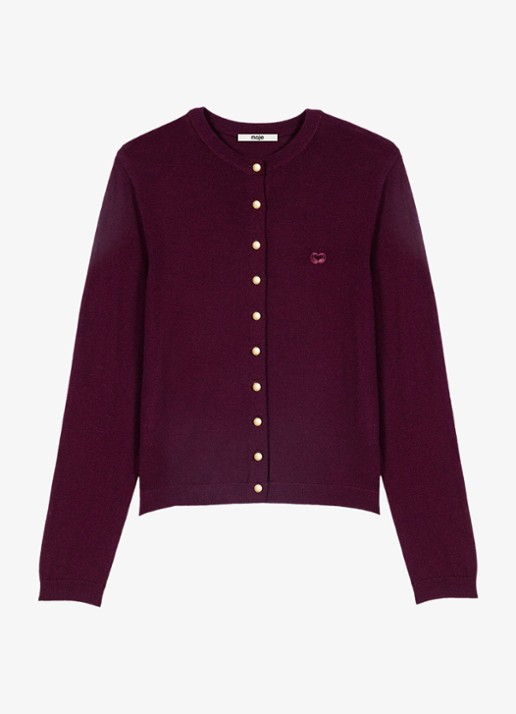 Maje Fijngebreid vest van wol met logoborduring - voorkant aubergine