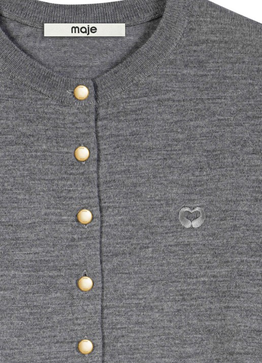 Maje Fijngebreid vest van wol met logoborduring - detail grijs