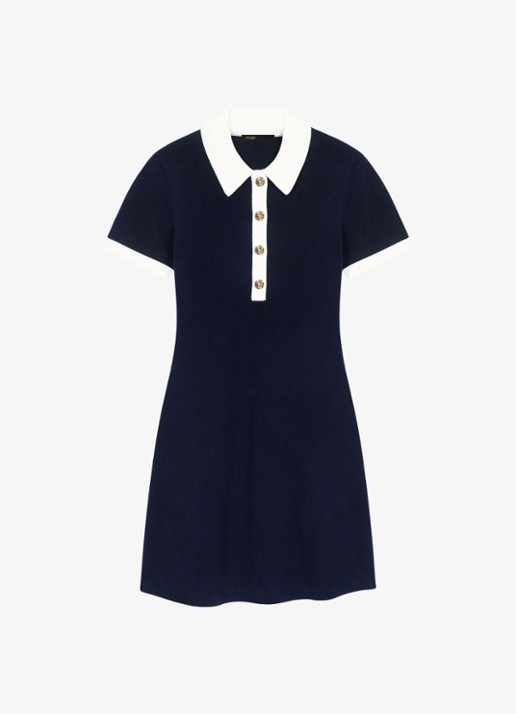 Maje Fijngebreide mini tuniekjurk met polokraag - voorkant donkerblauw