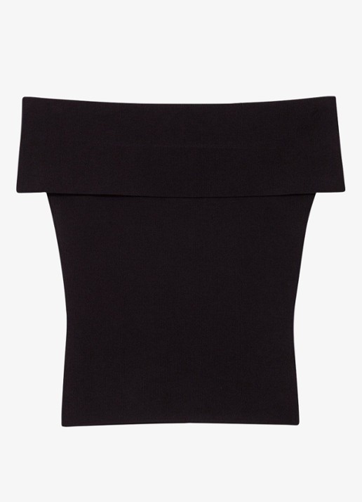 Maje Fijngebreide off shoulder top - voorkant 6 jeans