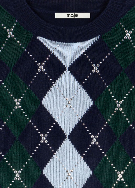 Maje Fijngebreide trui met ruitdessin - detail 2 navy/green