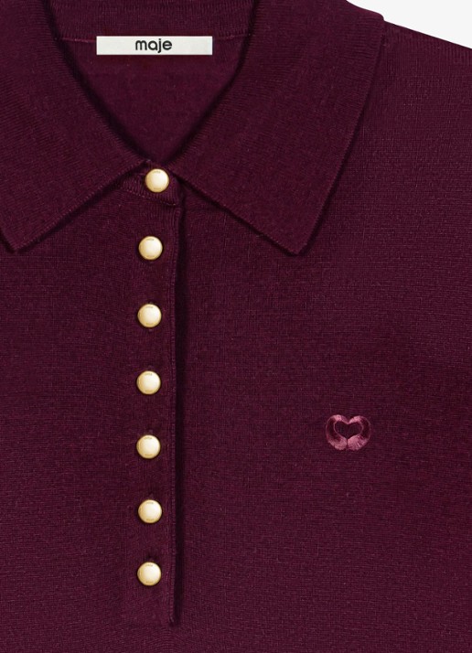 Maje Fijngebreide trui van wol met kraag - detail aubergine