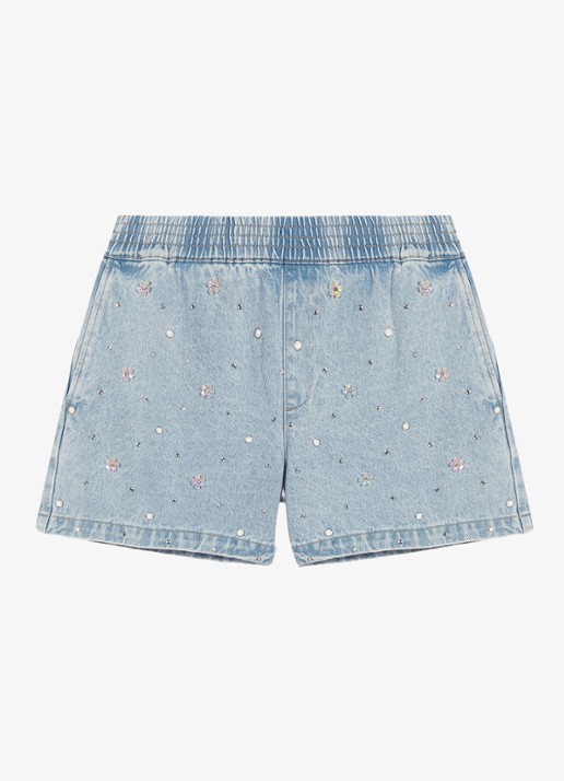 Maje Gebloemde denim shorts - voorkant lichtblauw