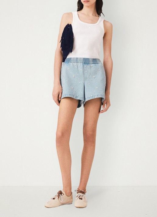 Maje Gebloemde denim shorts - voorkant 2 lichtblauw