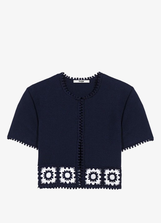 Maje Gecropte vest met haakwerkinzet - voorkant donkerblauw