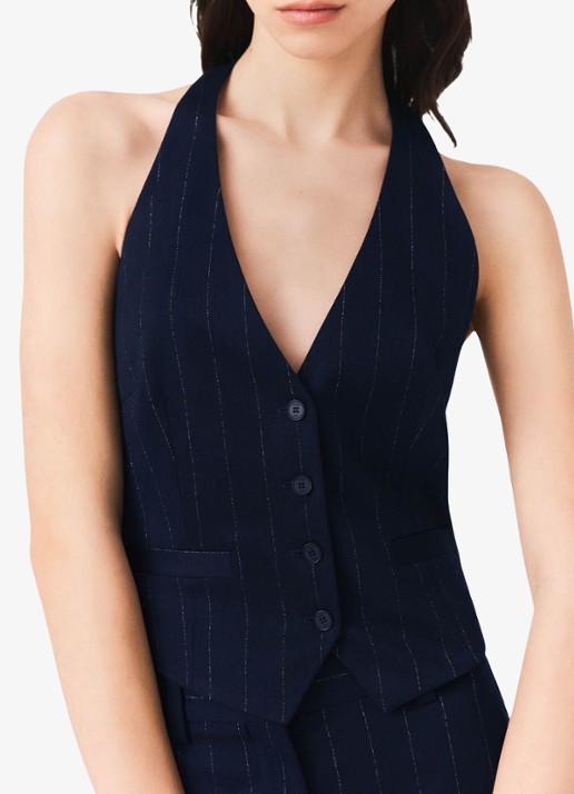 Maje Gilet in wolblend met krijtstreep - detail 5 donkerblauw