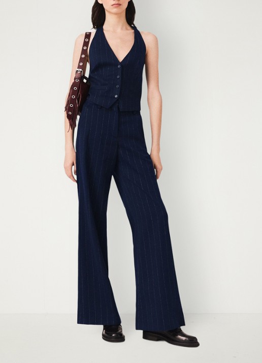 Maje Gilet in wolblend met krijtstreep - voorkant 8 donkerblauw
