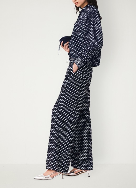 Maje High waist wide fit broek met print - detail 5 donkerblauw