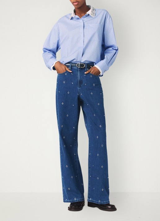 Maje High waist wide fit jeans met strass - voorkant 6 donkerblauw