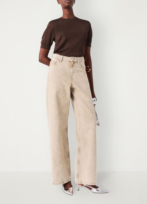 Maje High waist wide fit jeans met strass - detail 7 beige / beige