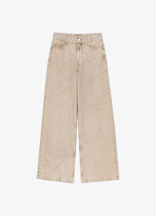 Maje High waist wide fit jeans met strass - voorkant beige / beige