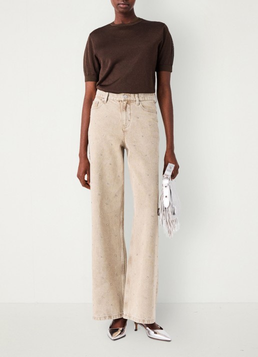 Maje High waist wide fit jeans met strass - voorkant 2 beige / beige