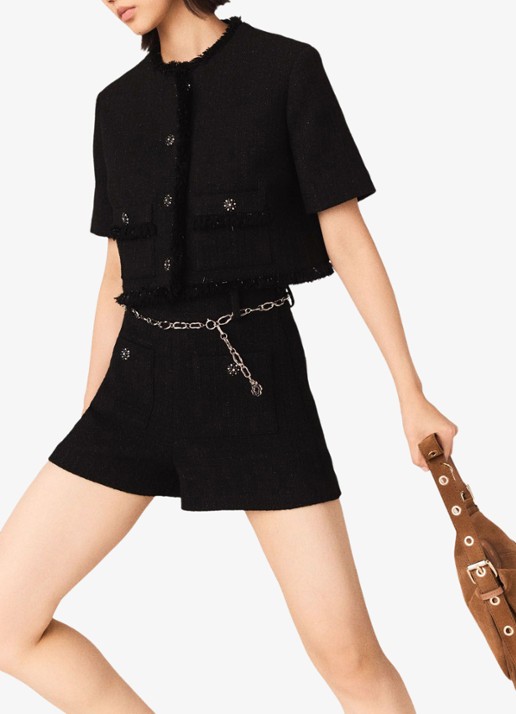 Maje High waist wide fit korte broek met tweed-look - detail 5 zwart
