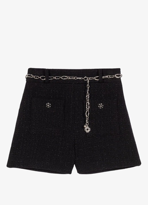 Maje High waist wide fit korte broek met tweed-look - voorkant zwart