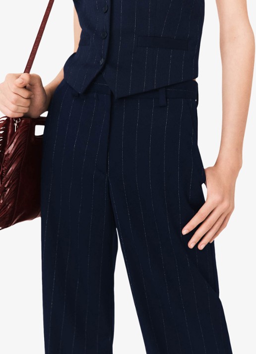 Maje High waist wide fit pantalon in wolblend met krijtstreep - detail 7 donkerblauw