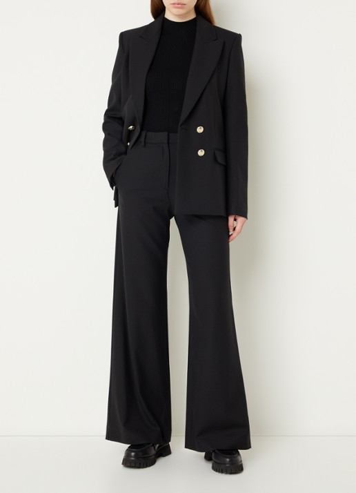 Maje High waist wide fit pantalon in wolblend met steekzakken - voorkant 3 zwart