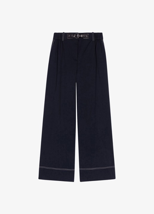 Maje High waist wide fit pantalon met ceintuur - voorkant 2 donkerblauw