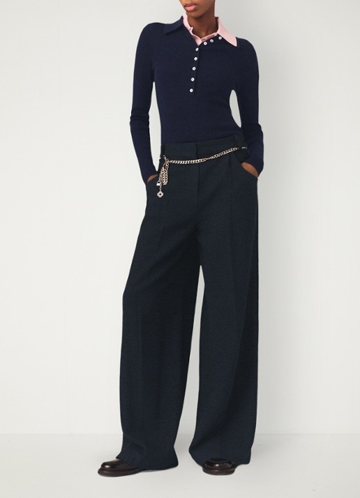 Maje High waist wide fit pantalon met steekzakken - voorkant 2 donkerblauw