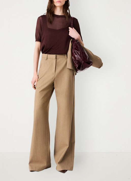 Maje High waist wide fit pantalon met streepprint - voorkant 7 beige