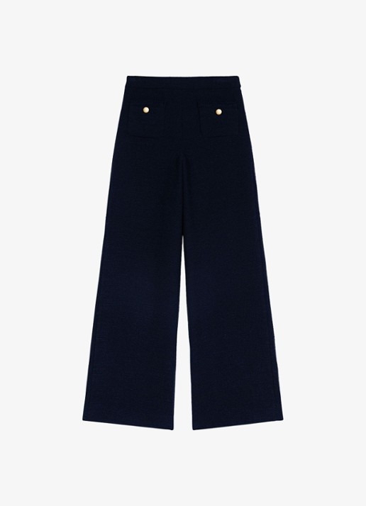 Maje High waist wide fit pantalon met tweed-look - voorkant donkerblauw
