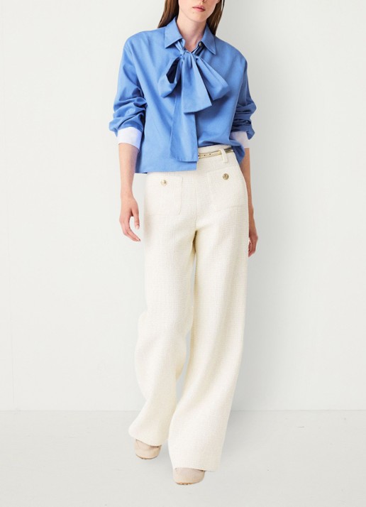 Maje High waist wide fit pantalon van bouclé met opgestikte zakken