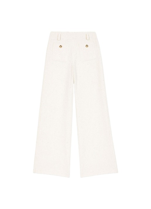 Maje High waist wide fit pantalon van bouclé met opgestikte zakken - voorkant 2 beige