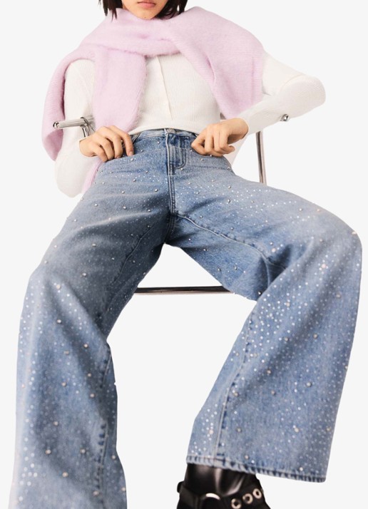 Maje High waist wide leg jeans met strass - detail 4 indigo