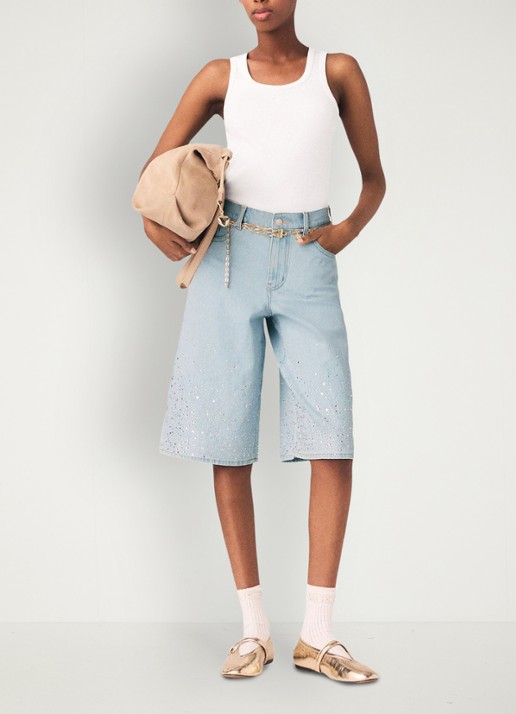 Maje Ipyros loose fit korte broek van denim met strass - voorkant 3 indigo